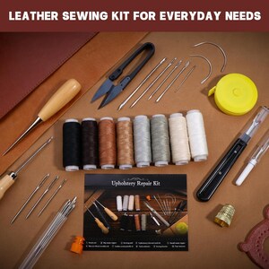 Upholstery Repair Sewing Kit Heavy Duty Sewing Kit with Awl Tools, Seam Ripper, Hand Stitching Needles,