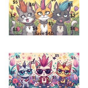 以下が含まれることがあります： モヒカンヘアとパンクロックの衣装を着た漫画の猫の2つのイラスト。上の画像には、価格タグと「40ドル節約」というテキストが付いた3匹の猫が描かれています。下の画像には、サングラスと「50ドル節約」というテキストが付いた3匹の猫が描かれています。