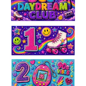 May include: Three rectangular graphic prints featuring vibrant 90s-themed designs. The first displays the text 90S DAYDREAM CLUB with a roller skate, cassette tape, and butterfly. The second shows the number 1, a roller skate, and smiley faces. The third shows the number 2, a digital pet toy, and the text 90s VIBES.