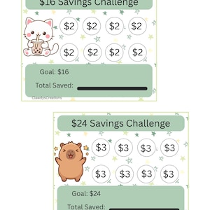 May include: Two savings challenge trackers with cute illustrations. One has a cat with a drink and the text "$16 Savings Challenge". The other has a bear and the text "$24 Savings Challenge". Each tracker has circles to fill in and a space to track savings.