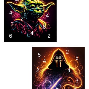May include: Two digital art prints featuring Star Wars characters. One depicts Yoda in neon green, yellow, and pink against a black background. The other shows Kylo Ren with a lightsaber, in orange, purple, and yellow hues.
