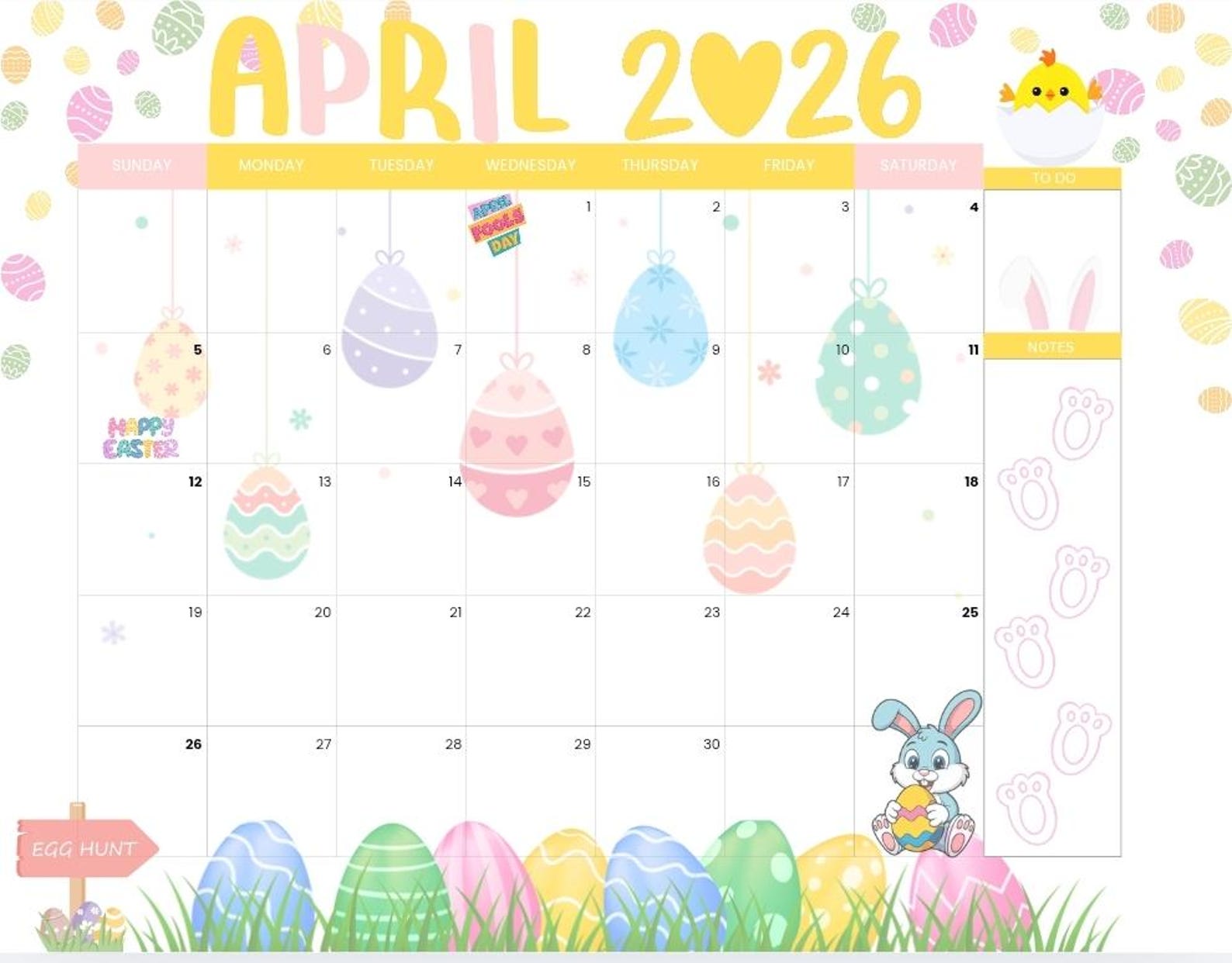 April 2026 Easter Bunny Calendar | Pastel Egg Planner (digital Download ...