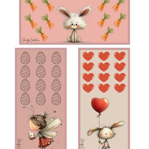 May include: A set of four illustrated Easter-themed designs. One features a fluffy white bunny with carrots, another has decorated eggs, a third shows a fairy holding an egg, and the last has a bunny with a heart balloon. All designs have a pink background.