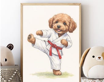 Adorable lámina decorativa de cachorro de karate para pared, decoración infantil con cachorro en acuarela, ilustración de perro de artes marciales, regalo para aficionados al karate, arte imprimible para sala de juegos.