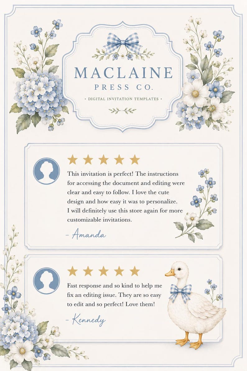 Op de afbeelding: Een digitale afbeelding met de tekst Maclaine Press Co. Digital Invitation Templates, versierd met blauwe en witte bloemillustraties en een blauwe gingham strik. Twee vijfsterren klantbeoordelingen worden getoond met tekst en een eend.