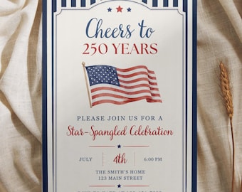 Uitnodiging voor feest 4 juli, Amerikaanse vlag 250e patriottische viering uitnodigen, Grandmillenial Navy gestreepte bewerkbare digitale download