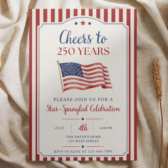 4th of July Party Invitation, American Flag 250th Patriotic Celebration Invite, Grandmillenial Striped Editable Digital Download