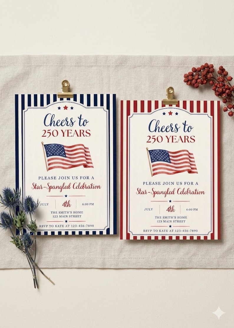 Op de afbeelding: Twee rechthoekige uitnodigingskaarten met een aquarel Amerikaanse vlag, de tekst Cheers to 250 YEARS en Star-Spangled Celebration. De ene kaart heeft een marineblauwe gestreepte rand, de andere een rode gestreepte rand. Beide bevatten 4 juli details.