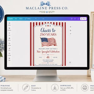 Op de afbeelding: Een digitaal uitnodigingssjabloon op een computermonitor met rode verticale strepen, een centrale illustratie van de Amerikaanse vlag en de tekst Cheers to 250 YEARS, Please join us for a Star-Spangled Celebration, July 4th, 6:00 PM.