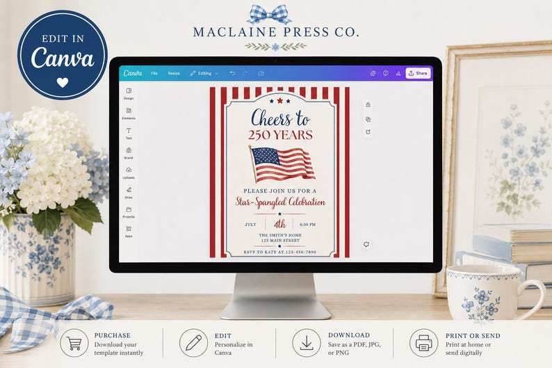 Op de afbeelding: Een digitaal uitnodigingssjabloon op een computermonitor met rode verticale strepen, een centrale illustratie van de Amerikaanse vlag en de tekst Cheers to 250 YEARS, Please join us for a Star-Spangled Celebration, July 4th, 6:00 PM.