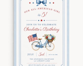 Uitnodiging patriottische verjaardagsfeestje | All American Girl aquarel uitnodiging 4 juli | Preppy blauwe vintage fiets, strik | Canvassjabloon