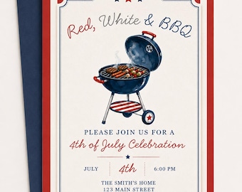 4 juli BBQ-uitnodiging, roodwit en BBQ-cookoutuitnodiging, patriottische bewerkbare canvassjabloon