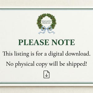 Op de afbeelding: Een rechthoekig bord met een donkergroene rand en een centrale groene krans met een lichtblauw lint. De tekst luidt: PLEASE NOTE. This listing is for a digital download. No physical copy will be shipped! Bevat een icoon voor een download.
