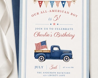 Uitnodiging patriottische verjaardagsfeestje | American Boy 4 juli aquarel uitnodiging | Vintage vrachtwagen rood wit blauw | Canvassjabloon