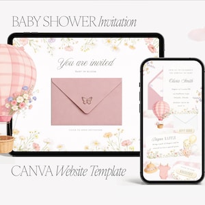 May include: A digital baby shower invitation template displayed on a tablet and smartphone. The design features a pink hot air balloon, floral accents, and the text "Baby Shower Invitation" and "You are invited". The template is a Canva website template.