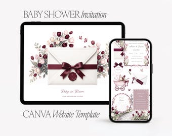 Plantilla web Baby in Bloom – Invitación digital para baby shower con diseño de tulipanes burdeos (Canva)