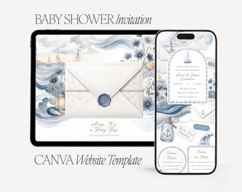 Ahoy It’s a Boy Baby Shower Website Template, Nautical Canva Digital Invitation, Editable RSVP & Registry, Ocean Sailboat Theme