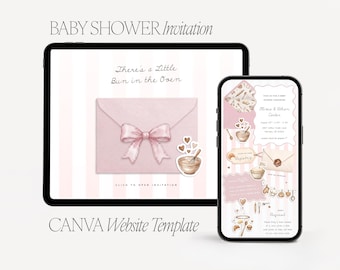 Pink Bun in the Oven Baby Shower Website Template, Digital invitation Canva