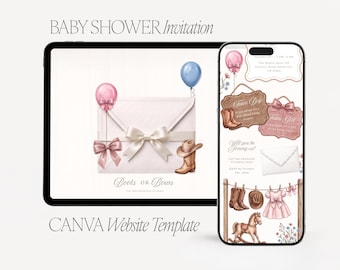 He or She What Will Baby Be Gender Reveal Invitation Template (Canva), Pink Blue Baby Shower Digital Invite, Bow Theme Website with RSVP