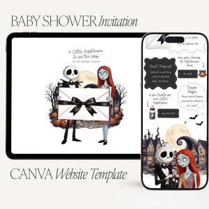 May include: A digital baby shower invitation template displayed on a tablet and smartphone. The design features two skeletal characters holding a white envelope with a black bow, with text reading A Little Nightmare Is on the Way and Halloween themes.