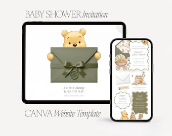 Classic Winnie Pooh Baby Shower Website Template – Sage Green Watercolor Invitation (Digital)