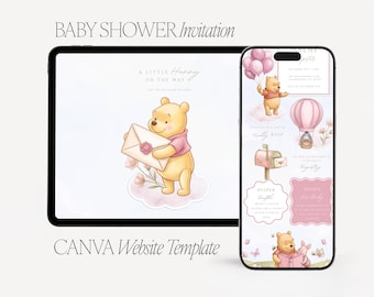 Winnie Pooh Baby Shower Invitation Website with RSVP | Girl Baby Shower | Baby Shower Invitation Theme | Digital Download | Bear Baby shower