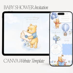May include: A digital baby shower invitation template displayed on a tablet and smartphone screen. The design features Winnie the Pooh illustrations, light blue accents, and text including A LITTLE Hunny ON THE WAY, DIAPER RAFFLE, and BOOKS FOR BABY.