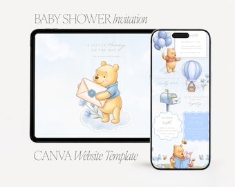 Winnie the Pooh Baby Shower Invitation Website, Blue Baby Boy Editable Canva Mobile Invite, Interactive Evite Template, Trackable RSVP