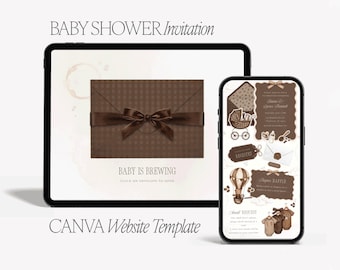 Baby Shower Invitation Website, Coffee Theme, Bearista, Editable Canva Template (Digital Download)
