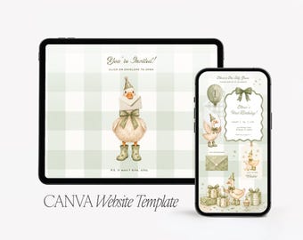 One Silly Goose First Birthday Website Template – Sage Green Gingham Digital Invitation (Canva)