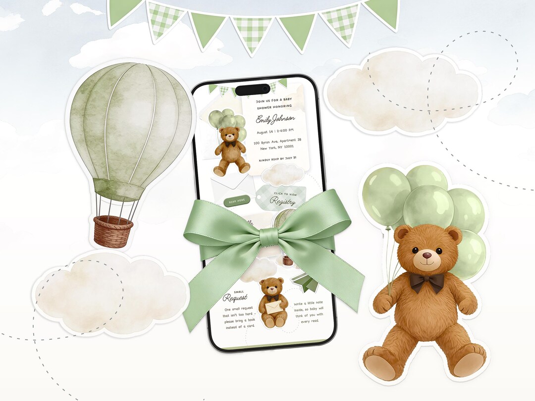 We Can Bearly Wait – Baby Shower Website Invitation, Sage Green Bear ...