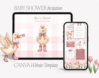 Silly Goose Baby Shower Website Template – Pink Garden Canva Invitation (Digital Download)