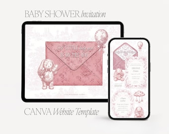 Pink Toile de Jouy Baby Shower Website Template, Girl Invitation (Digital Download)