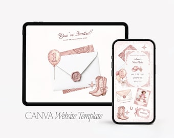 My First Rodeo Birthday Website Template – Pink Cowgirl Canva Invitation (Digital Download)