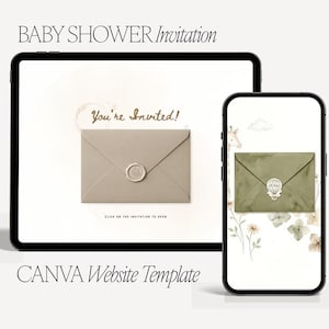 Może przedstawiać: Cyfrowy szablon zaproszenia na baby shower wyświetlany na tablecie i smartfonie. Tablet pokazuje beżową kopertę z pieczęcią woskową i napisem "You're Invited!". Smartfon wyświetla zieloną kopertę z ilustracjami kwiatów i żyraf. Widoczny jest również tekst "CANVA Website Template".