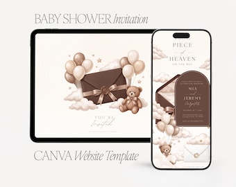Little Piece Of Heaven Teddy Baby Shower Website Invitation Template RSVP & Brown Sent Gender Neutral Canva Invite Digital Download