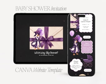 Witch Silly Goose Baby Shower Website Template, Purple Spooky Halloween Theme (Digital Invite)