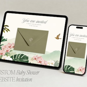 Op de afbeelding: Een digitale website-uitnodiging voor een babyshower weergegeven op een tablet en smartphone. De uitnodiging bevat een olijfgroene envelop met een luchtballongrafiek, bloemaccenten en de tekst "You are invited."