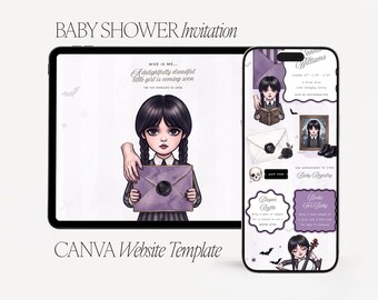 Wednesday Addams Baby Shower Website Template – Gothic Halloween Canva Invite Spooky Girl (Digital Download)