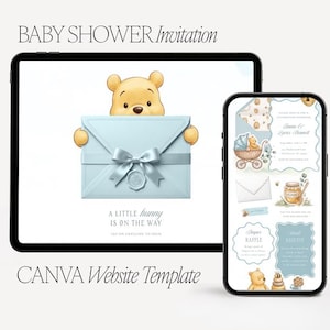 May include: A digital baby shower invitation template displayed on a tablet and smartphone. The design features a yellow bear holding a light blue envelope with a bow and wax seal, with the text A LITTLE HUNNY IS ON THE WAY and BABY SHOWER Invitation.