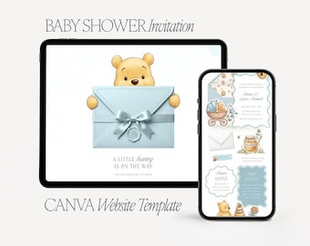 a little hunny baby shower website template - classic pooh digital invitation canva - interactive rsvp tracking