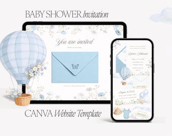 Baby in Bloom Baby Shower Boy Website Invitation, Blue Wildflowers, Canva Template (Digital Download)