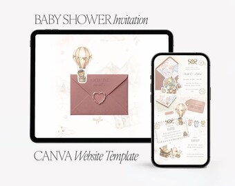 Adventure Awaits Baby Shower Website Template – Vintage Hot Air Balloon Canva Invitation