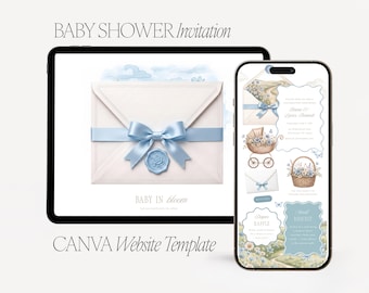 Baby in Bloom Baby Shower website template, Blue wildflower digital invitation Canva