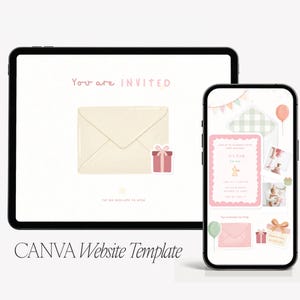 May include: A digital invitation template displayed on a tablet and smartphone. The tablet shows an envelope and gift illustration with the text "You are INVITED". The smartphone displays a birthday invitation with balloons and gift illustrations. The words "CANVA Website Template" are at the bottom.
