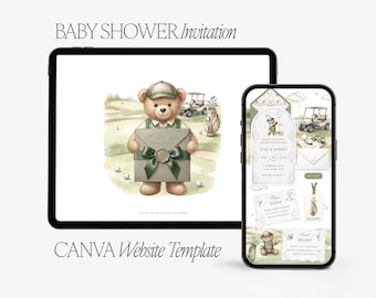 Baby Shower Golf Invitation Website Template, Teddy Bear, Forest Green (Digital Download)