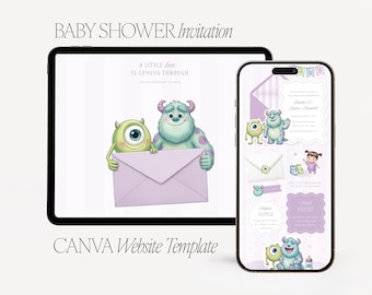 A Little Boo Monsters Baby Shower Invitation Website Template,Purple monster digital invitation Canva