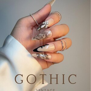 Gothic Press On Nails Stiletto – Vintage Script Cross Charm Nails, Handmade Reusable Nail Set, Beige Aesthetic