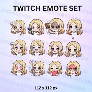Könnte beinhalten: Ein Set aus zwölf Twitch-Emotes mit einer Cartoon-Figur mit blonden Haaren und verschiedenen Ausdrücken. Die Emotes zeigen "Hi", "Bye", Weinen, Wut und Herzaugen. Der Text "TWITCH EMOTE SET" steht oben, die Abmessungen sind 112 x 112 px.