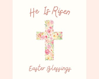 He Is Risen Paaskaart, bloemenkruis digitale kaart 5 x 7 inch